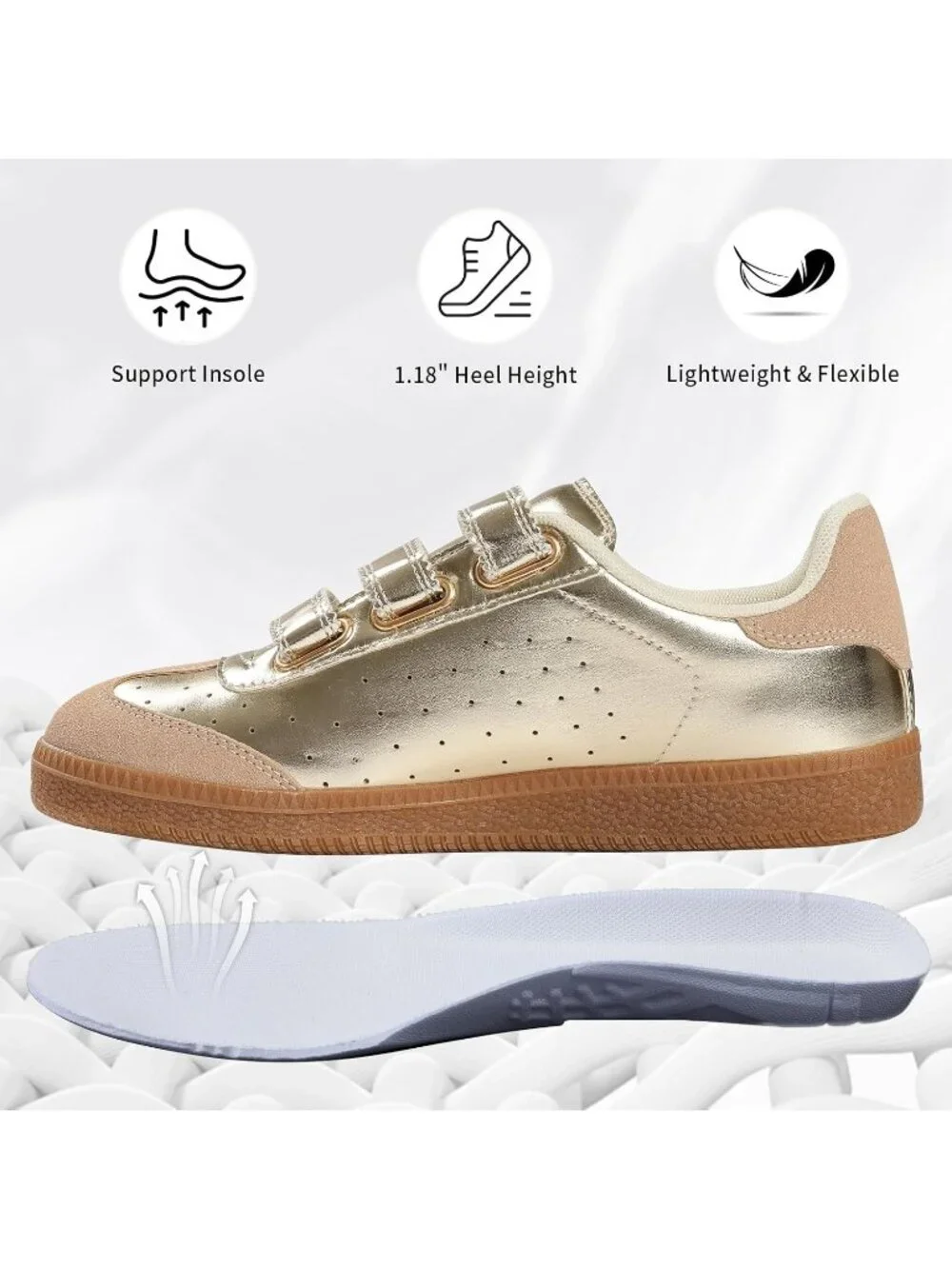Women's Gold Faux Leather Comfortable Retro with Hook and Loop Closure Sneaker